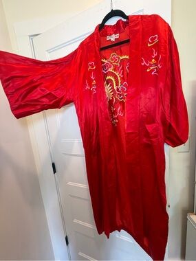 Vintage Red Satin Dragon Embroidered Kimono Robe